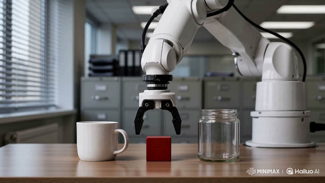 Robot arm office background edit MiniMax H3 result frame
